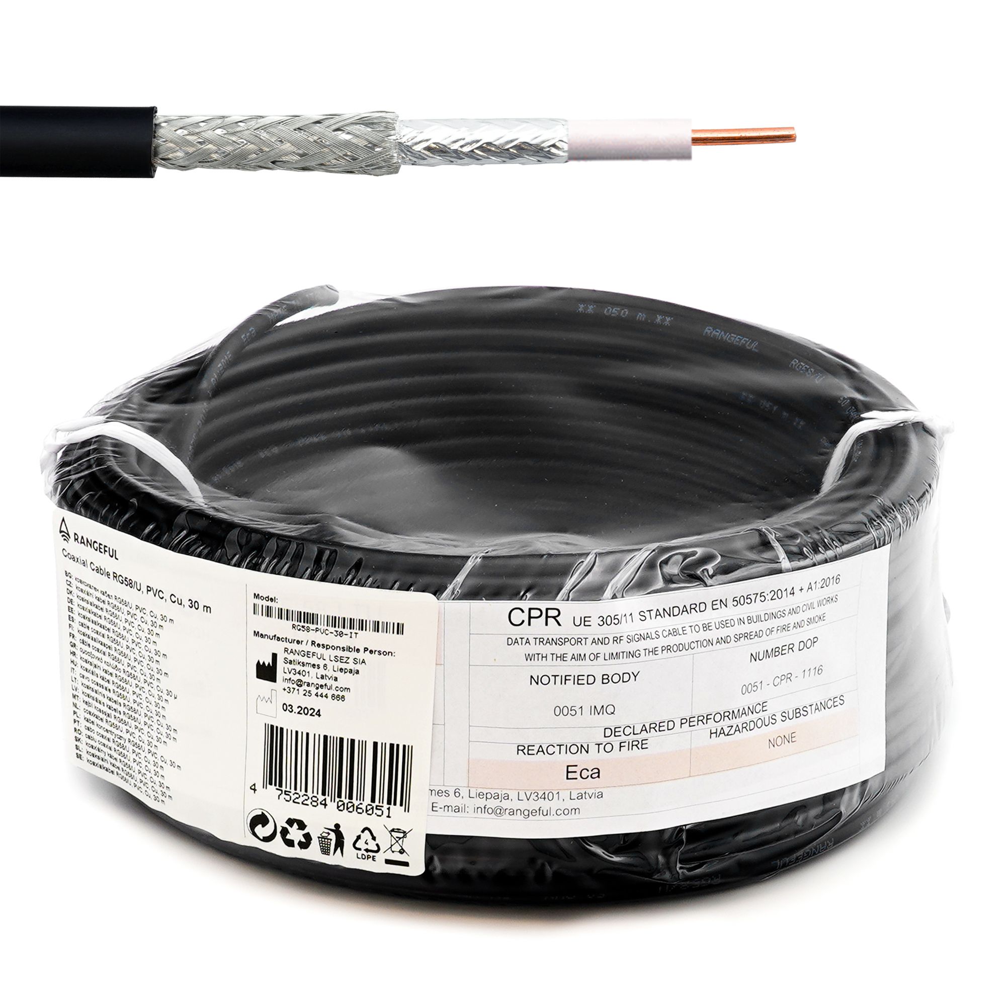 RG58U 30m (98ft) Low Loss RF Coaxial Cable 50 Ohm | Getic