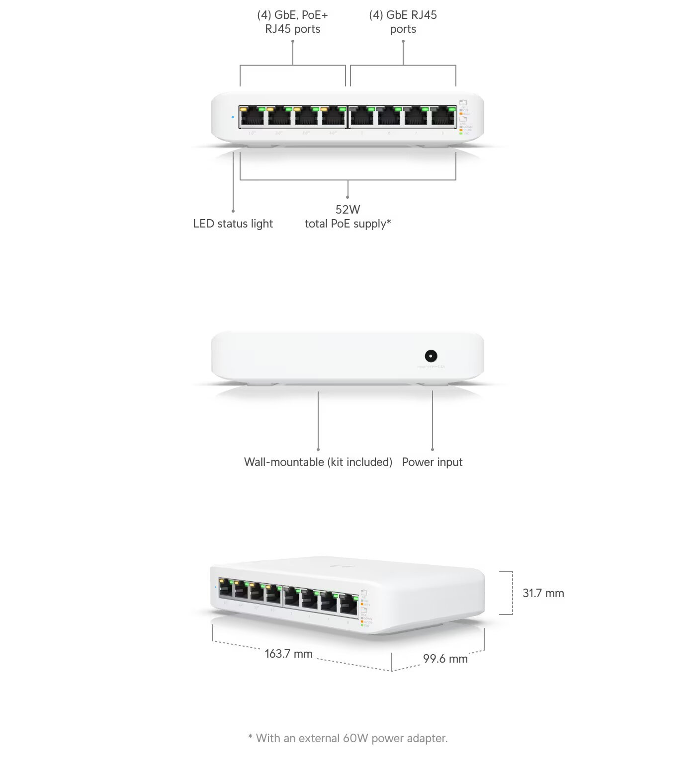 Ubiquiti UniFi Switch Lite 8 PoE | 8-Port Gigabit Switch with 4 PoE+  802.3at Ports (USW-Lite-8-PoE),White